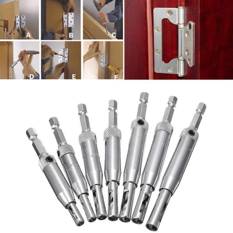 Self-centering Door and Window Hinge Hole Opener with Integrated Hexagonal Shank Drill Set.