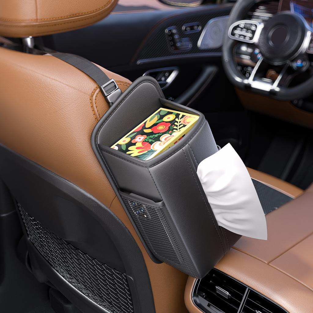 Leather Car Seat Side Storage Bag Hanging Auto Seat Organizer Tissue Bag Water Cup Holder Mesh Storage Pocket Car Storage Box