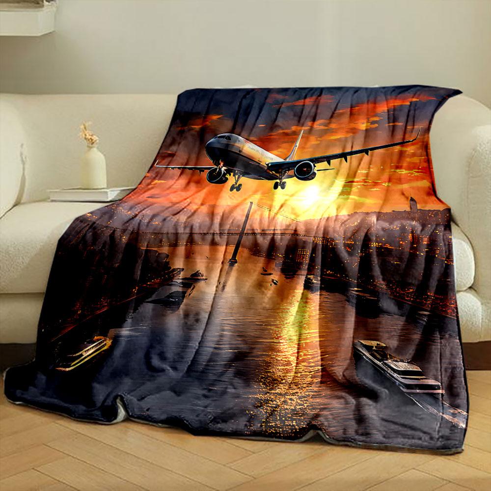 Airplane Flying Over Sunset Cityscape print blanket soft and cozy perfect for the living room bed sofa or a nap,gift