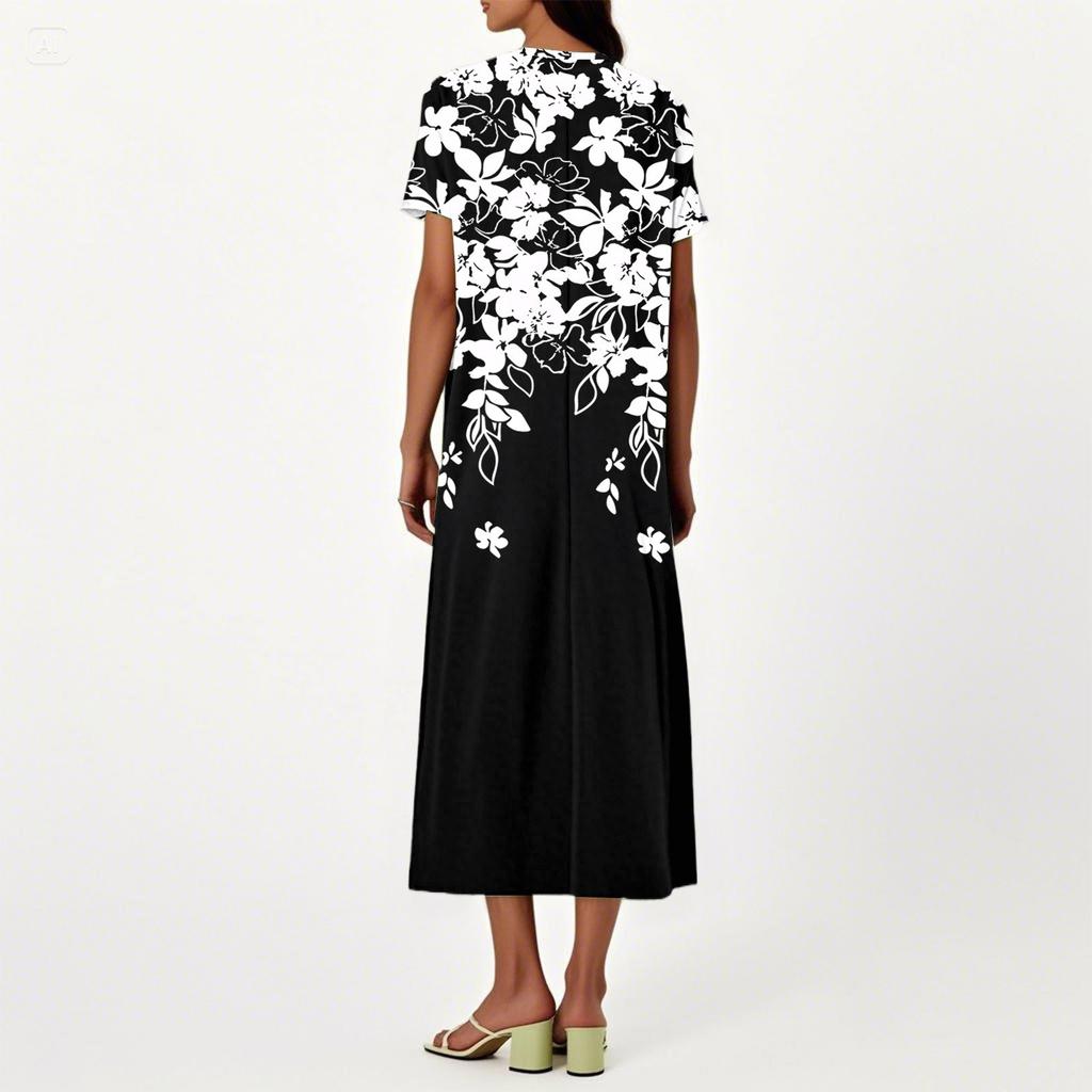 Women's Summer V-Neck Short Sleeve Cotton Linen Gradient Printed Loose Beach Dresses