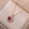 New Gold Color Stainless Steel Necklaces for Women Fashion Luxurious Red Zircon Heart Pendant Necklace Jewelry Clavicle Chain