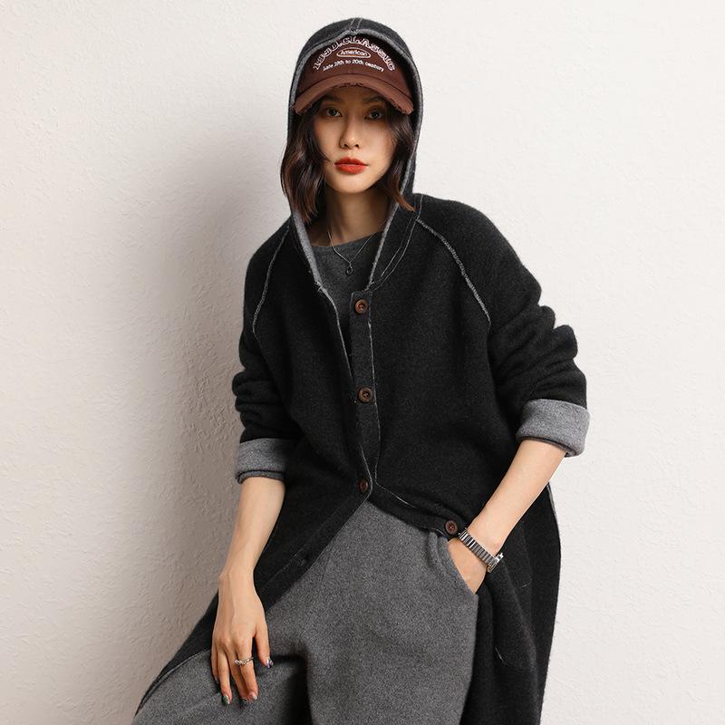 Женское кашемировое пальто с капюшоном — толстое, теплое, средней длины, выше колена, кардиган для осени и зимы