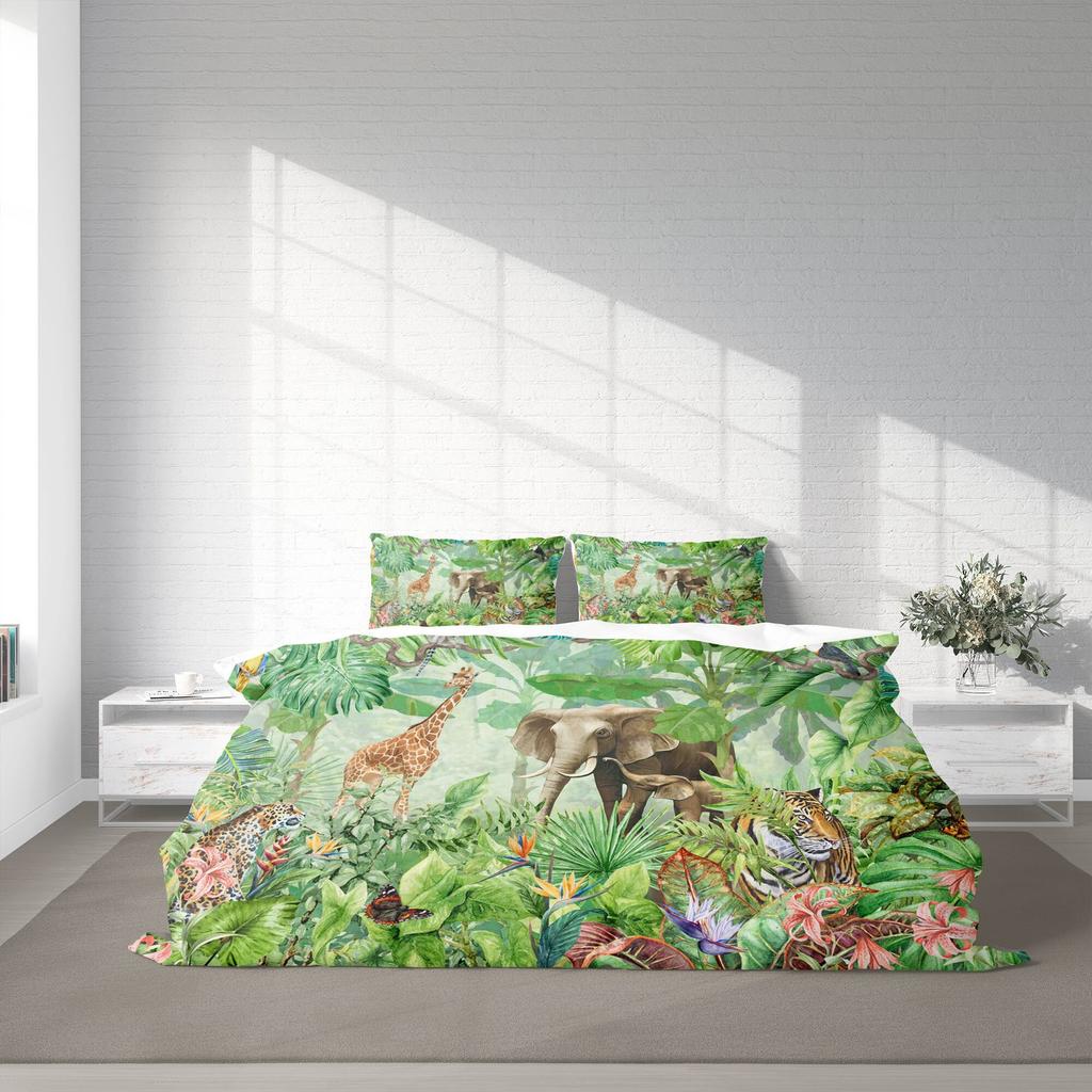 Jungle Animals Duvet Cover Set, Giraffe Elephant Tiger Bedding Set, Green Botanical Leaves Quilt Cover, Single Double Full Queen King Size
