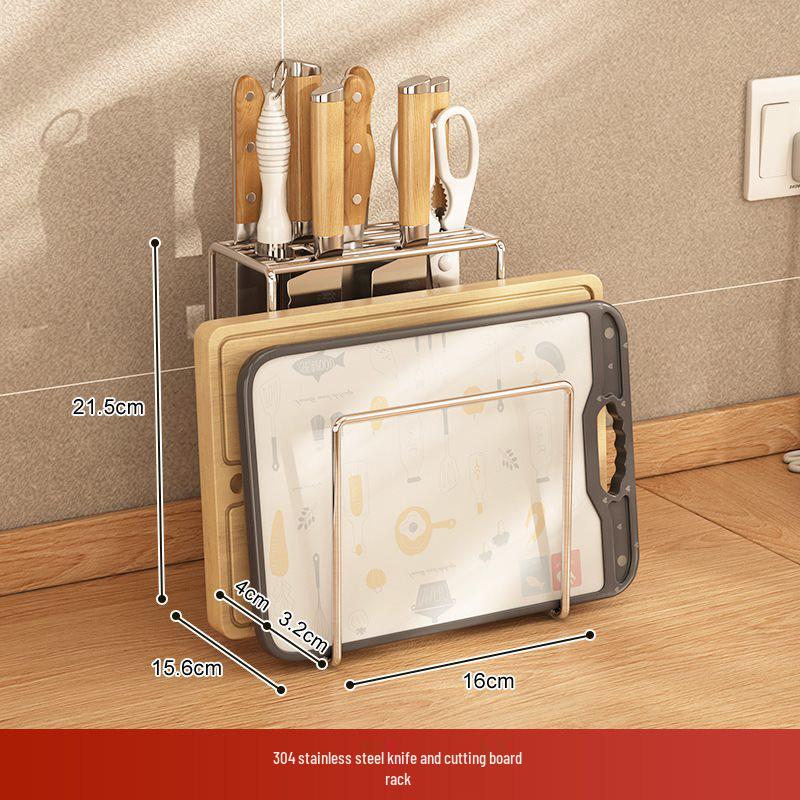 Держатель для ножей и палочек для еды из нержавеющей стали 304 для столешницы с интегрированным местом для хранения разделочных досок.