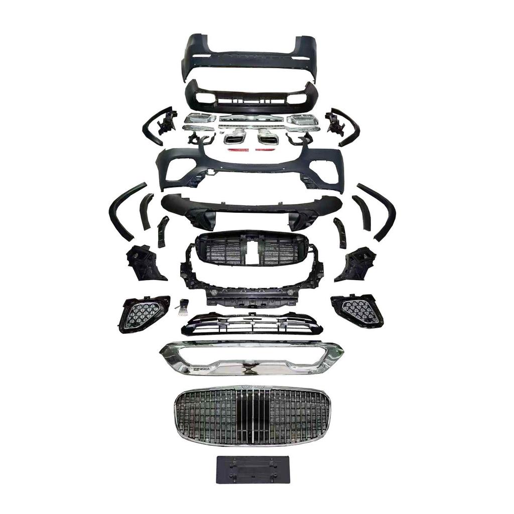 Compatible Mercedes-Benz GLS Maybach Body Kit: Grille, Bumpers, Rear Lip, Tailpipes, Fog Light Surrounds.