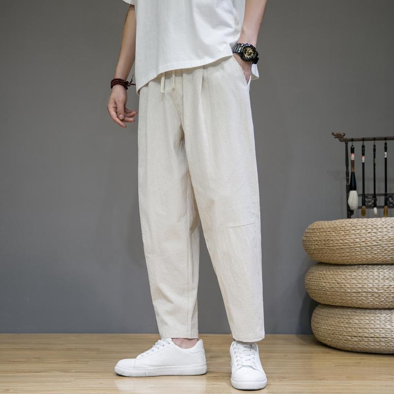 Весенние мужские однотонные свободные брюки из хлопка и льна в китайском стиле с девятью точками, модные повседневные спортивные брюки