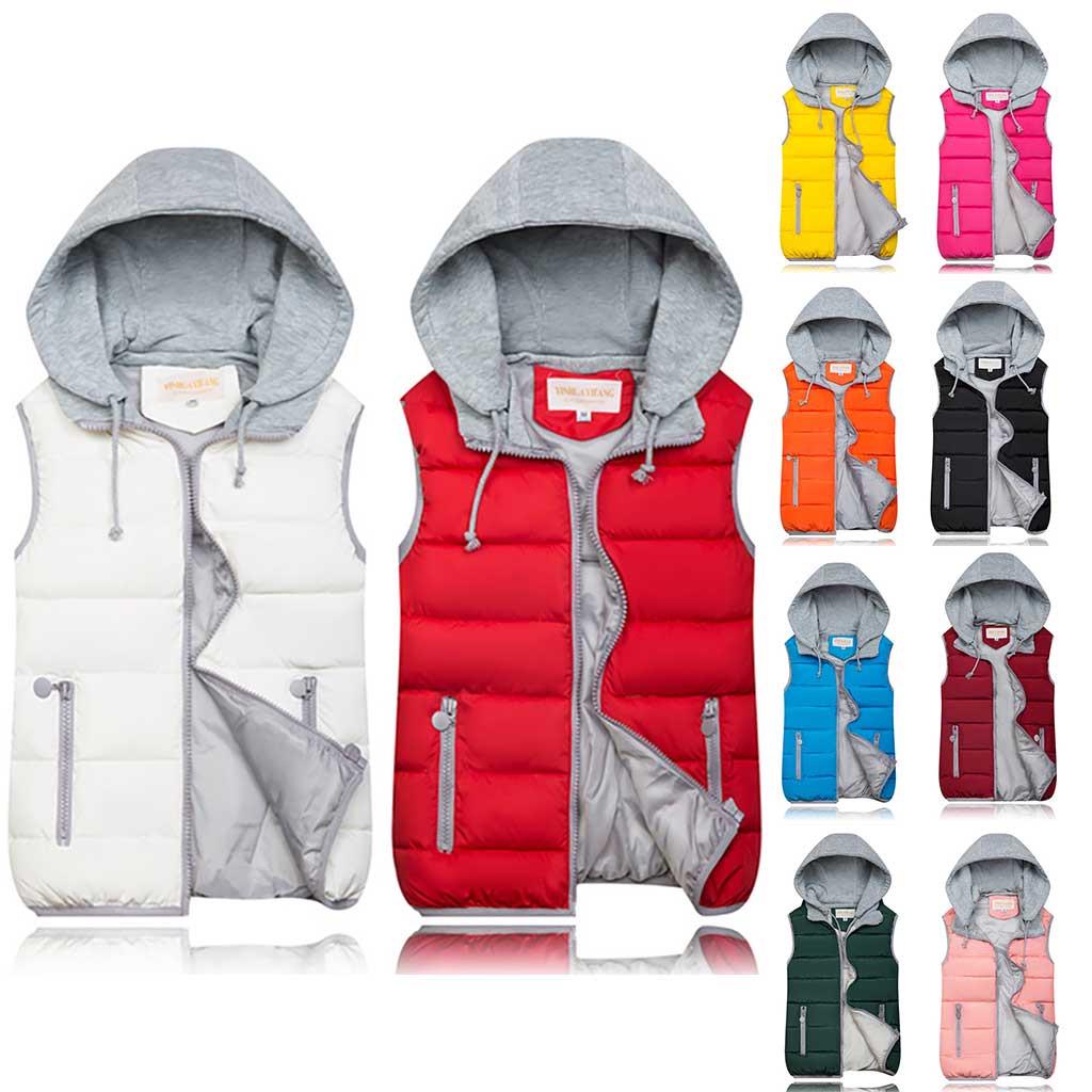 10 Colors Fashion Women Hooded Warm Cotton Padded Waistcoat Sleeveless Zipper Basic Coat