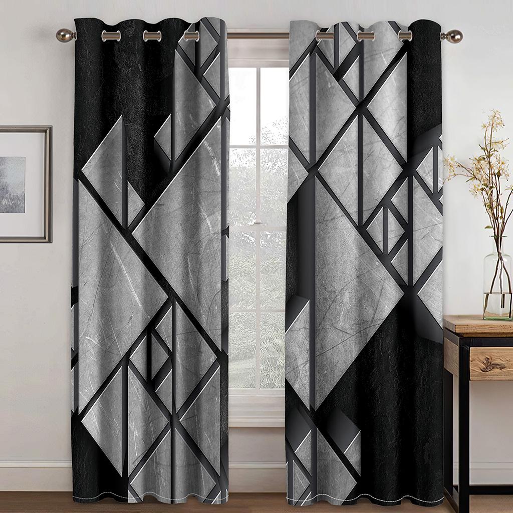 2pcs Geometric Abstract 3D Art Painting Curtain With Rod Pocket Mount Digital Printed Curtains Polyester Material Living Room
