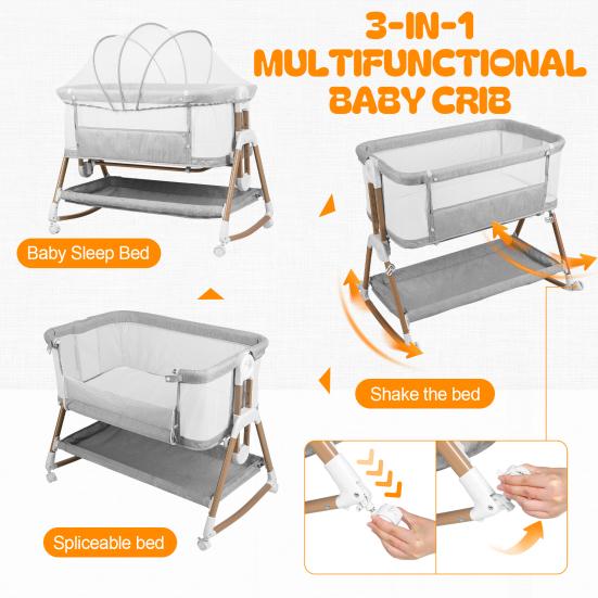 Height Adjustable Bedside Crib 3 in 1 Baby Bassinet Rocking Bassinet with Soft Mattress Wheels Bassinets 6 Adjustable Easy Folding Portable