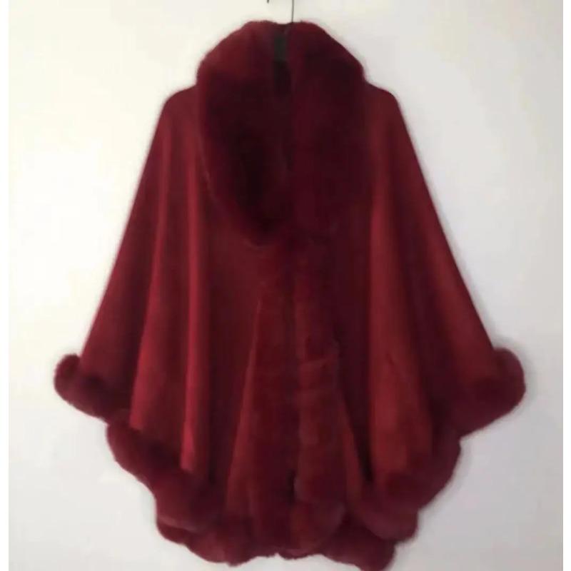 Oversize Winter Big Faux Fox Fur Neck Plus Size Poncho Out Streetwear Women Cloak Pashmina Batwing Sleeves Shawl Coat