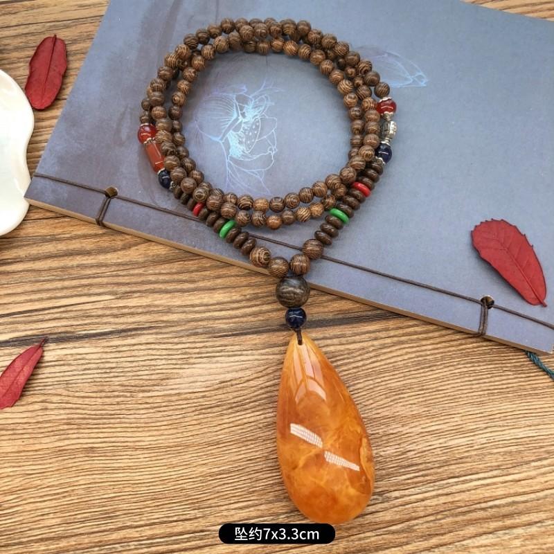 Ретро куриное крыло дерево второе поколение старое восковое ожерелье мужчины и женщины универсальный янтарный кулон длинная цепочка для свитера кулон