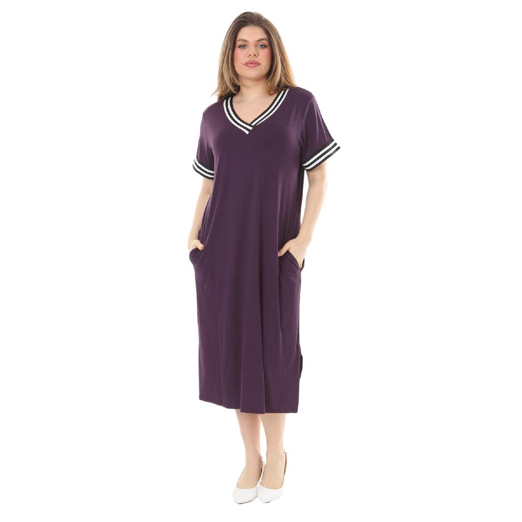 Women's Plus Size Short Sleeve Black V-neck Viscose Dress