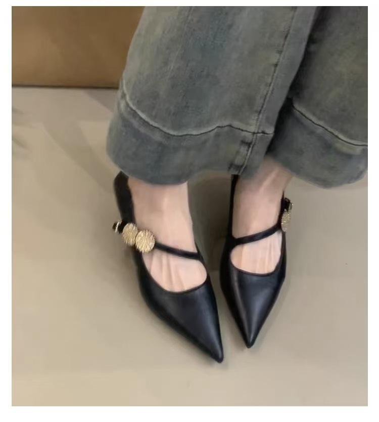 2025 new pointed temperament metal buckle one-word strap high heels light mouth low heel French commuter black single shoes women