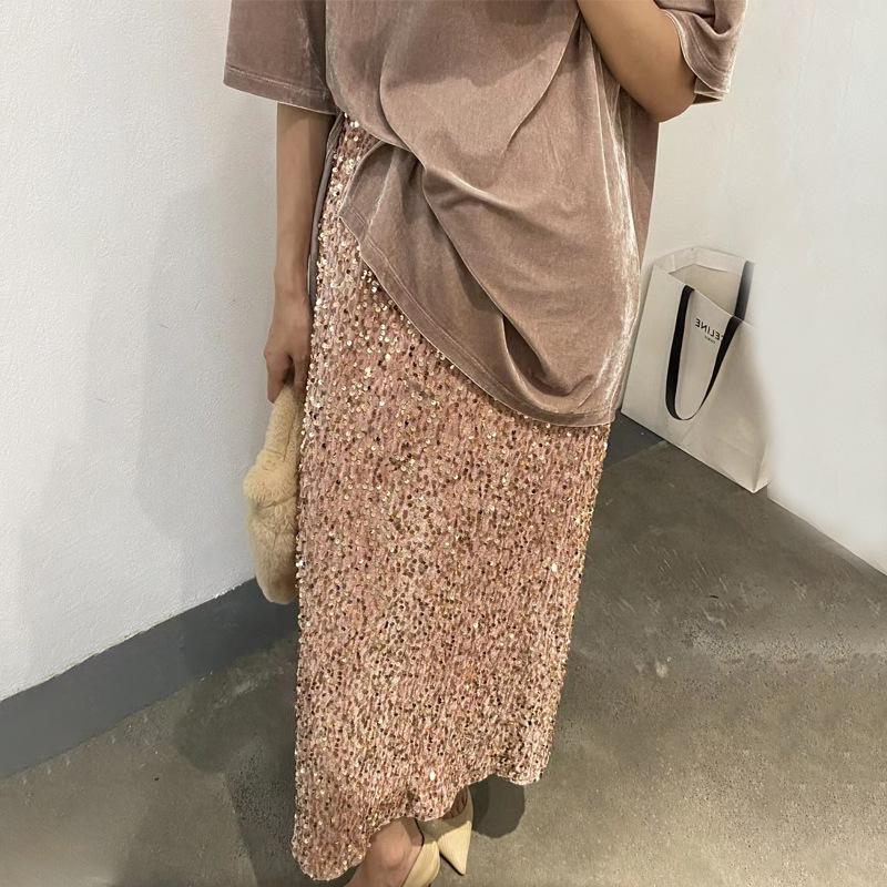 2025 Европейская и американская узкая длинная юбка с высокой талией и пайетками - женская эластичная юбка с резинкой на талии