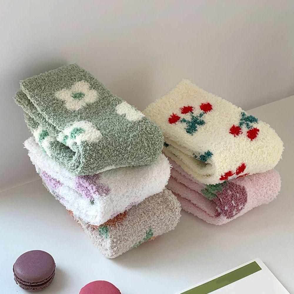 Flower Strawberry Floor Plush Socks Thickened Warm Socks Women Cute Coral Fleece Socks  Autumn