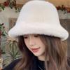 WHITE Faux Fur Fisherman Hats Antumn Winter Thickened Warm Bucket Hat Lady Outdoor Soft Snow Fur Cap Solid Wide Brim Caps