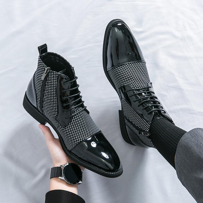 New Male Pointed Mixed Patchwork Lace Up Ankle Boots Men Casual Luxury High Top Platform Shoes Zapatos Hombre