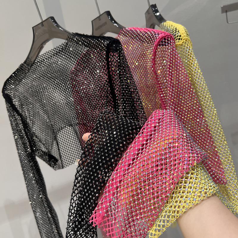 Блестящий сетчатый ромбовидный солнцезащитный топ с длинными рукавами для вечеринки