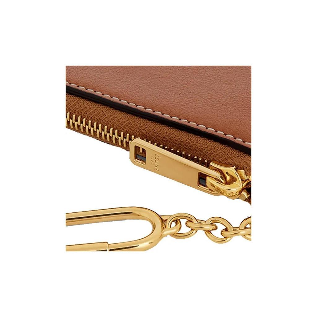 CELINE Celine Arc de Triomphe Large Logo Embossed Zipper Closure Smooth Leather Coin Purse Card Holder Wallet for Women Tan
