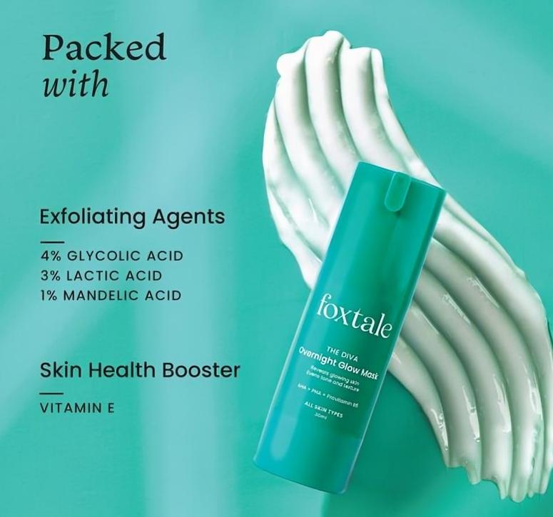 Foxtale Overnight Glow Mask 3% Lactic Acid 4% Glycolic Acid Reduces Blackheads, Whiteheads Men & Women - 30ml