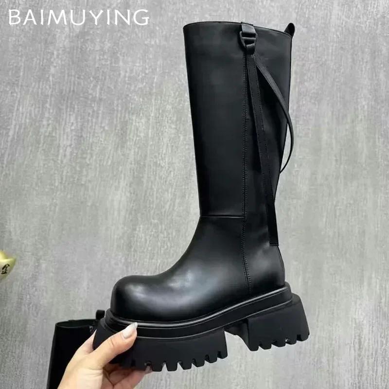 Женские высокие сапоги на платформе, массивные высокие каблуки, кожаные туфли, женская зимняя мода 2024 года, готические мотоциклетные ботинки, зимние челси, Botas Mujer