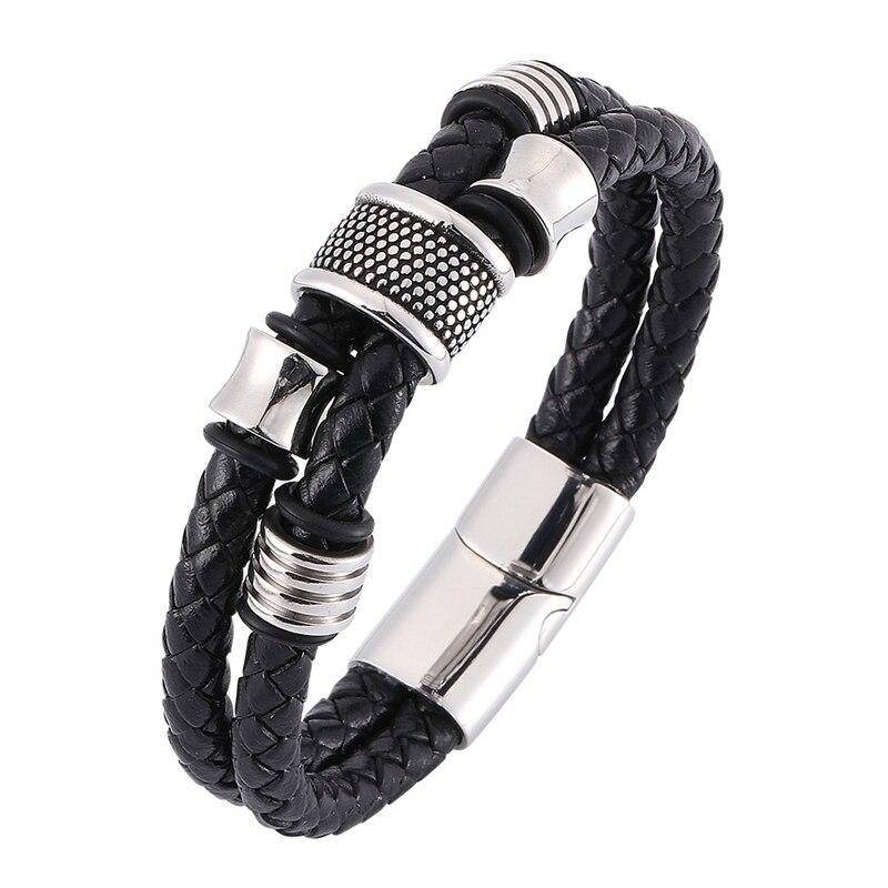New Punk Jewelry Men Braided Genuine Leather Bracelet For Men Stainless Steel Clasp Double Layer Bangles
