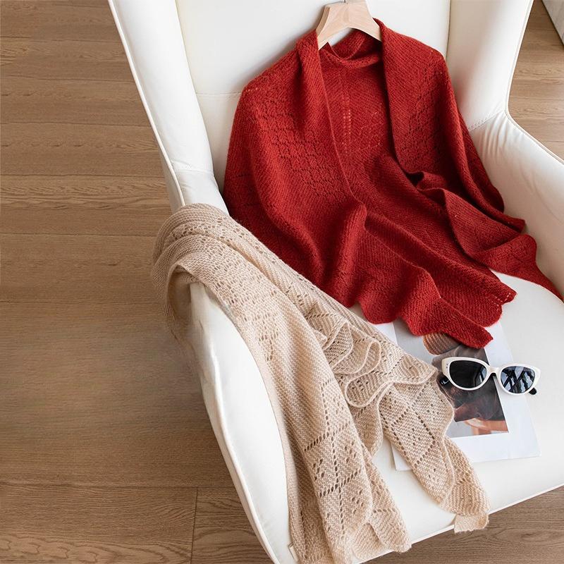 Pure Cashmere Scarf and Shawl High End Outerwear Women's Thin Knitted French Hollow Triangle Scarf Scarf and Shawl