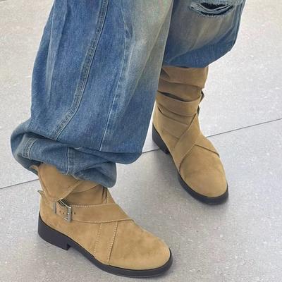 Версия из овчины~ Корейские нишевые ботильоны Мартин с круглым носком, толстым каблуком и перекрестной пряжкой, со складным голенищем для двух способов носки, женские короткие ковбойские ботильоны