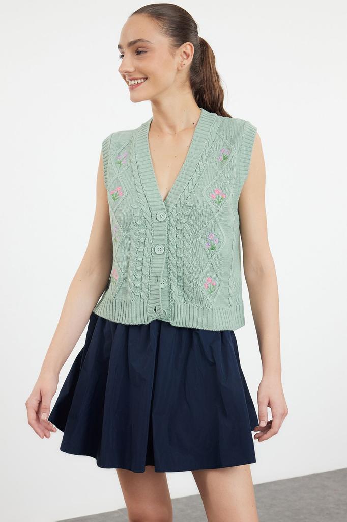 Women's Elegance Style Sweater Stone Flower Embroidery Detailed Knitwear Vest