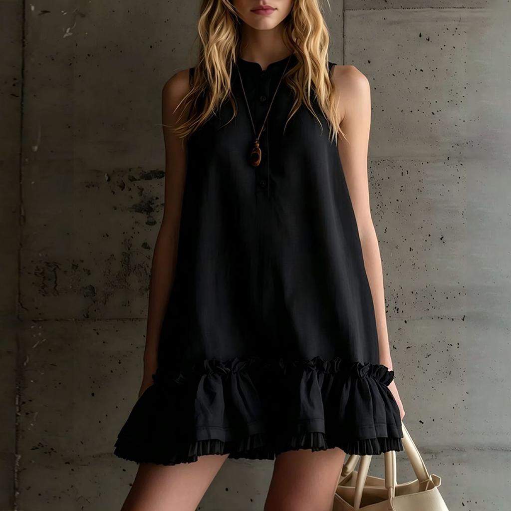 Women's Summer Fashionable Round Neck Retro Sleeveless Ruffle  Loose Dress