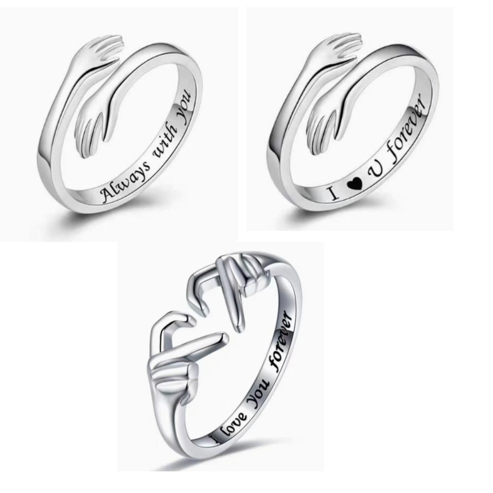 2pcs Lettering Silver Color Warmly Embraced Love Hug Open Ring Women Creative Hands Embracing Adjustable Valentine's Day Rings