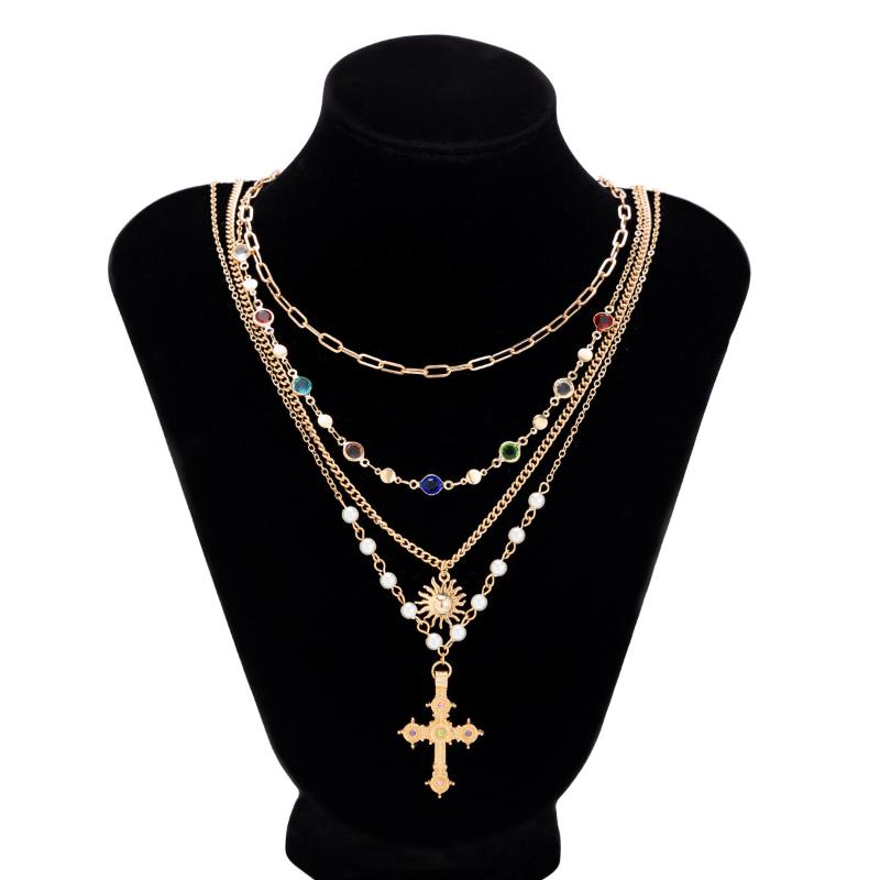 Fashionable Light Luxury Jesus Cross Pendant Necklace Set For Women Trendy Colorful Crystal Chain Choker Christian Jewelry Gift