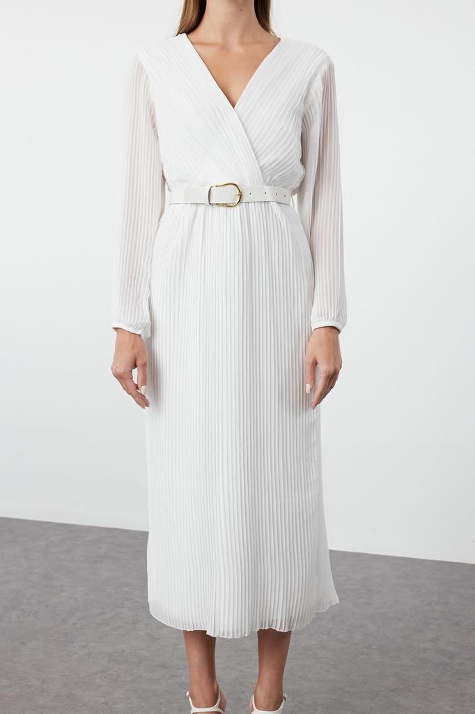 Женское стильное платье Черное шифоновое тканое платье трапециевидной формы с поясом и плиссировкой макси