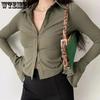 WTEMPO Женские рубашки поло с отложным воротником, однобортные, с рукавами-клеш, однотонные, женские эластичные приталенные топы с длинным рукавом в стиле кэжуал для улицы
