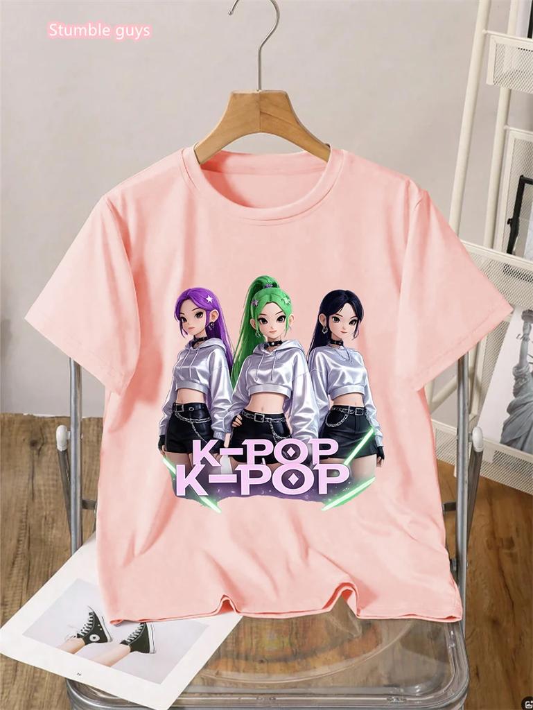 Summer Casual Kids Kpop TShirt Girls Cute Anime Print Short Sleeve Anime Clothes Soft Cartton Tee Tops Girls Daily Outdoor Wear