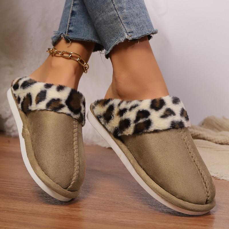 Модные леопардовые замшевые комбинированные хлопковые тапочки Зимние новые с круглым носком Глубокий вырез Противоскользящая износостойкая мягкая подошва Балетки