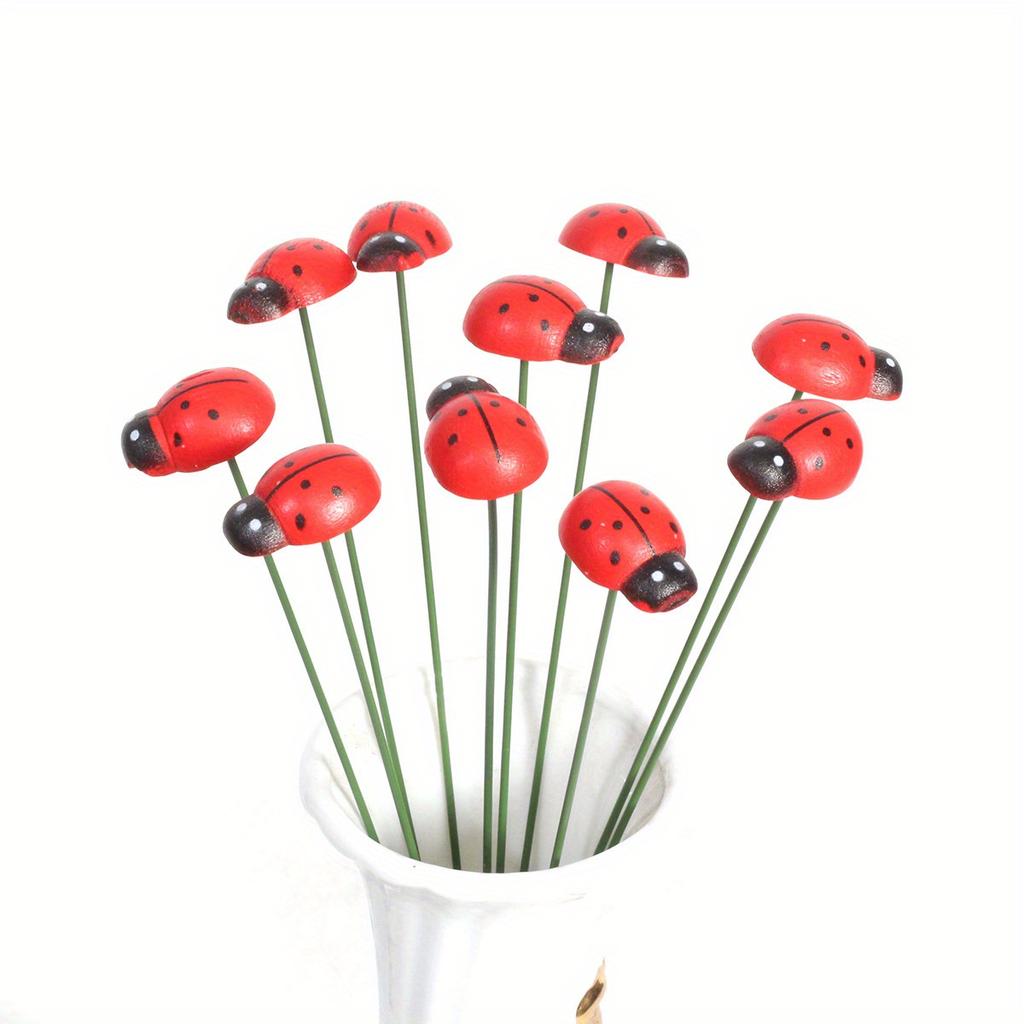 10pcs Wooden Ladybug Garden Stakes, Red, Contemporary Style, No Battery Needed, Ideal for Easter & Festive Home & Office Decor