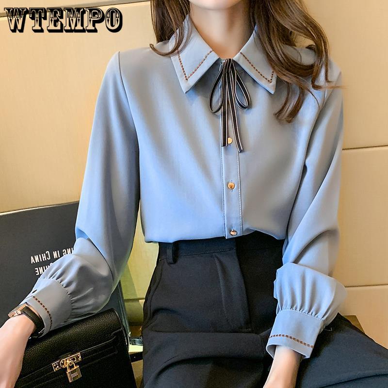 Шифоновый топ с бабочкой и воротником-стойкой, женская универсальная рубашка с длинным рукавом и низом