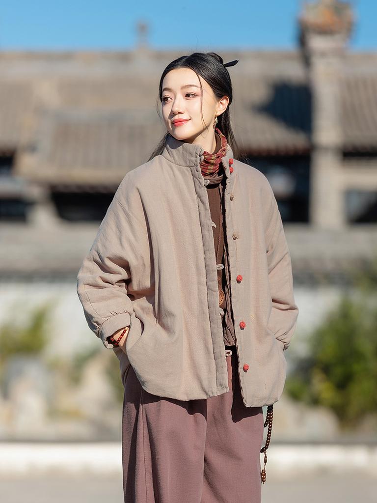 Johnature Women Vintage Solid Color Long Sleeve Winter Coats Button Chinese Style Warm Coats