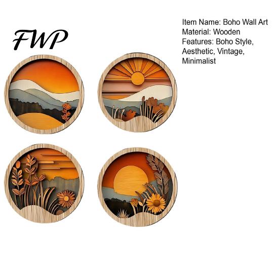 Retro Boho Wall Hanging 4 Pcs Art, Bohemian Sunset Mountain Plant Decor, Wooden Handmade Wood Art Round Circle Hollow Out Farmhouse Ornament