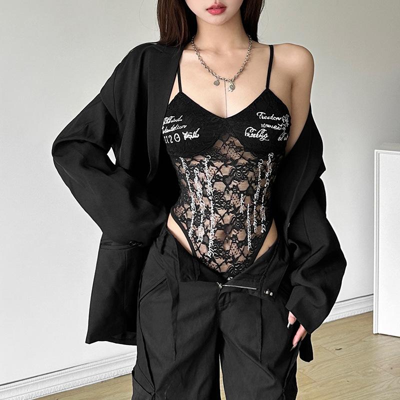 AltGoth Сексуальный прозрачный комбинезон для женщин Dark Goth Streetwear с принтом букв Спагетти-бретельки Кружевной комбинезон Y2k E-girl в стиле гранж