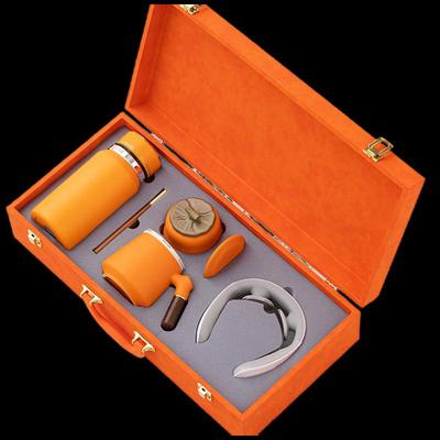 Яркий оранжевый керамический термос-кружка подарочный набор