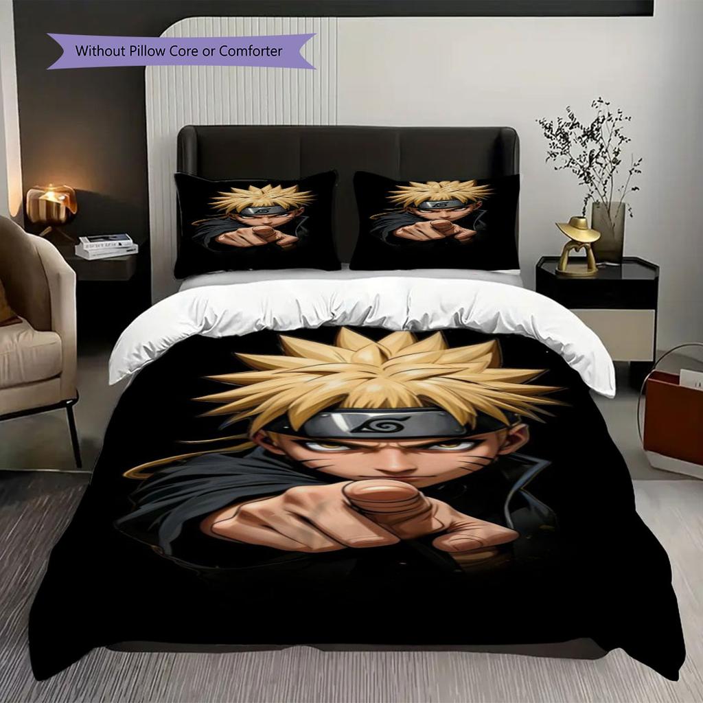 Three-piece Naruto anime print bedding set, including one duvet cover and one pair of pillowcases (filling not included).