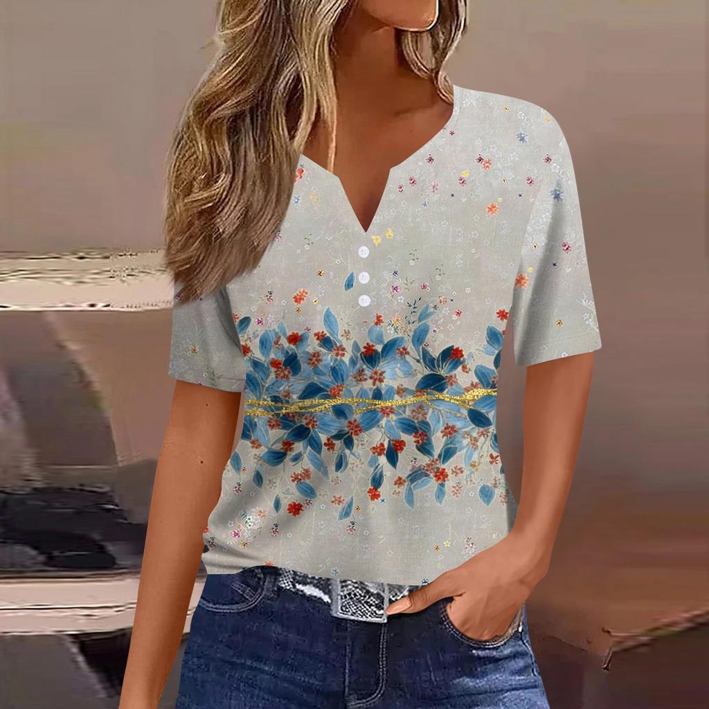 Женская мода повседневный короткий рукав цветочный принт топ