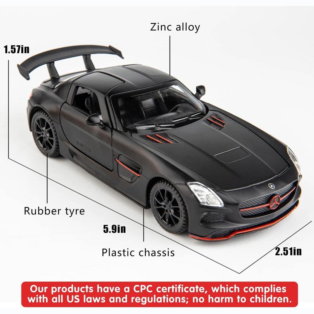 1:32-масштабная модель автомобиля Benz SLS AMG, литая под давлением цинкового сплава, игрушечная машинка с откидной спинкой, звуком и светом для детей, мальчиков и девочек