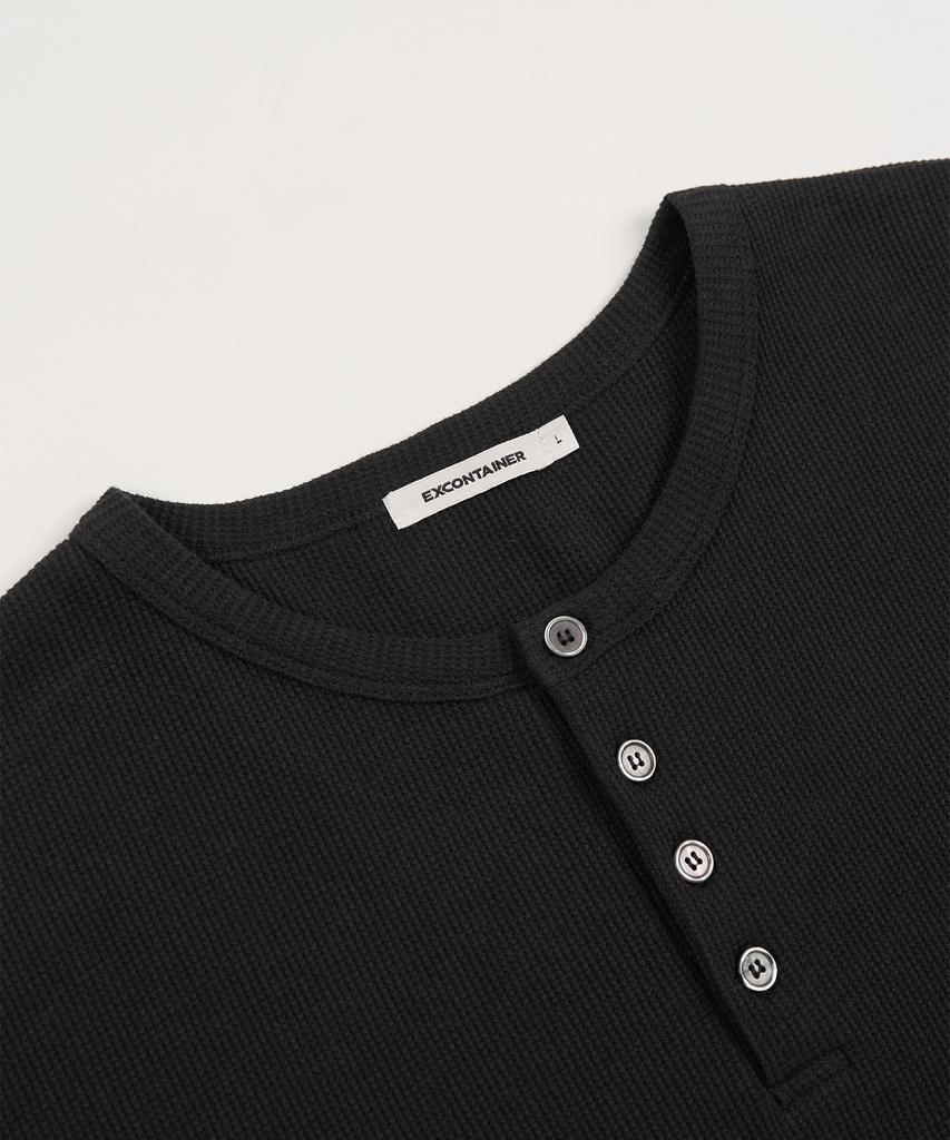 EXCONTAINER Henley Neck Waffle Half Sleeve (Black)