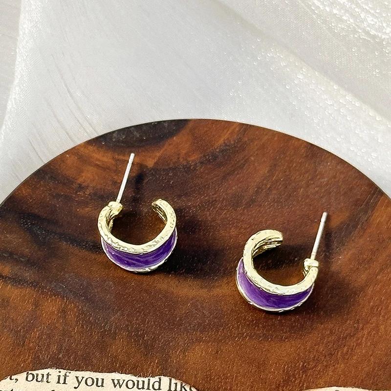 Purple Color C-SHAPE Geometry Exquisite Stud Earring for Women Simple Enamel Lavender Personality Zircon Christmas Girl Gift