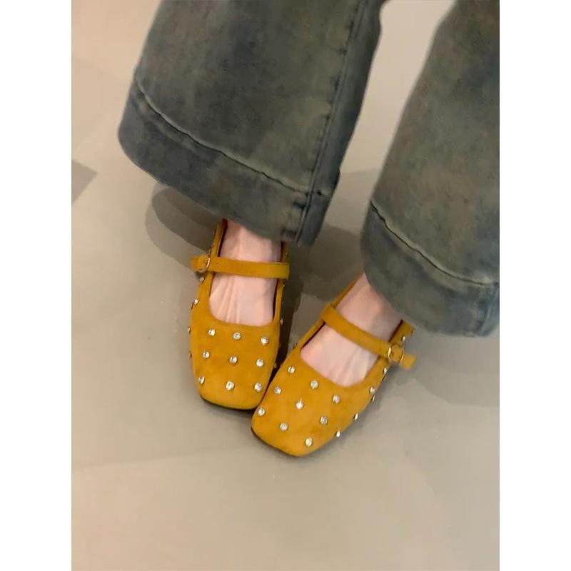Retro Rhinestone Flat Bottom Shallow Mouth Single Shoes with Buckle Square Head Matte Suede Soft Sole Mary Jane Shoes