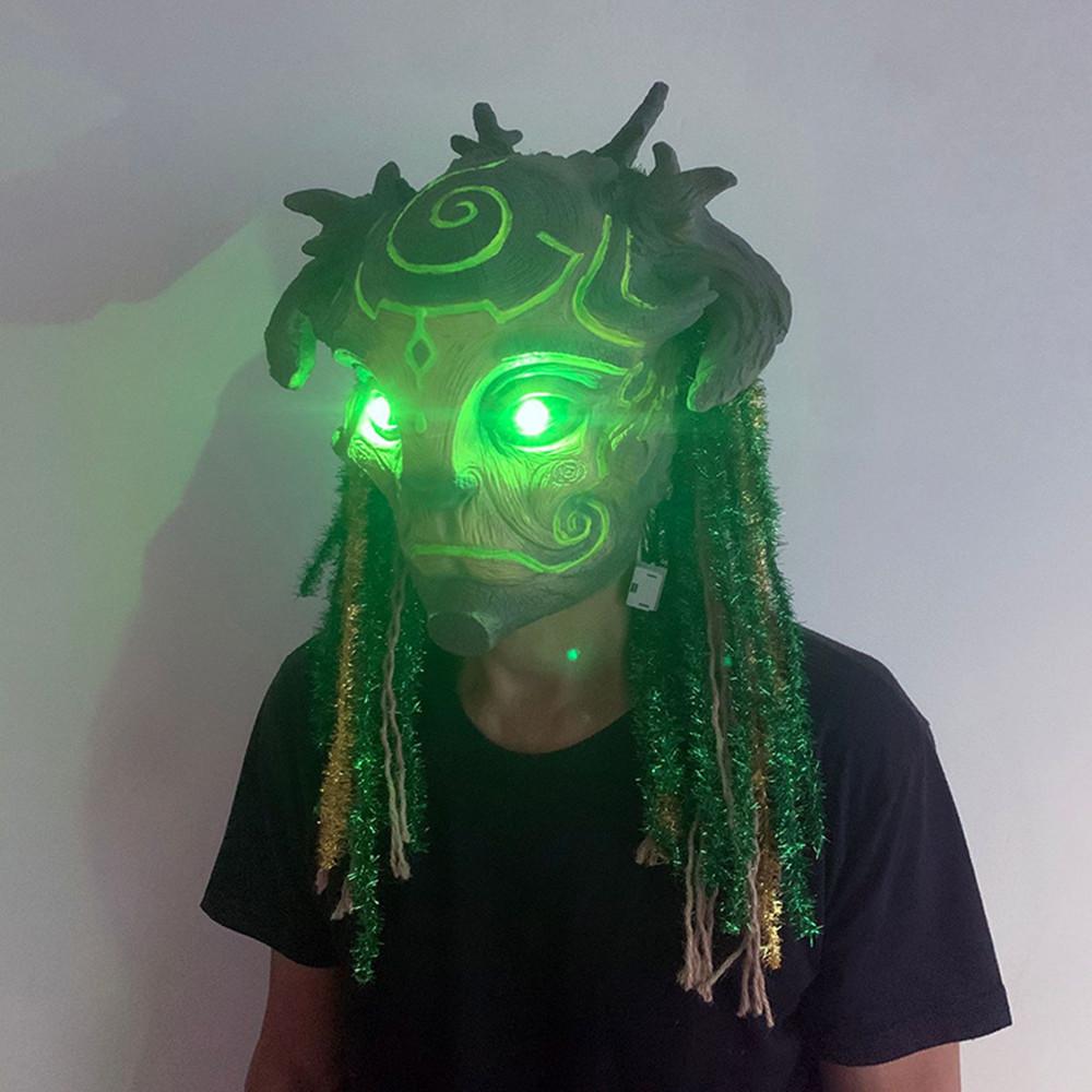 Spirit Elf Forest Mask with Headdress, Realistic Latex Masquerade Mask Halloween Cosplay Costumes Party Props The Eyes Will Glow