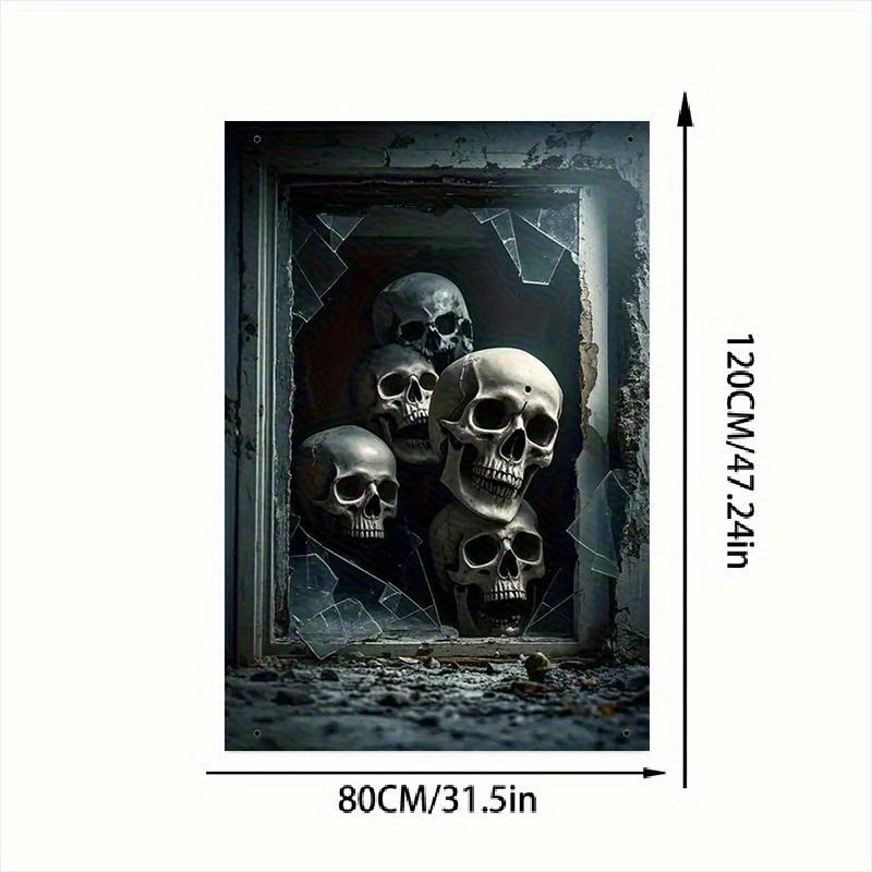 2D window decorative background, 1pc skull-themed background window banner, broken window and stacked skeleton design